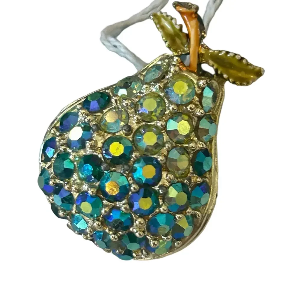 NWT Pear Fruit Gold Brooch Turquoise Blue and Green Rhinestones Unique Handmade